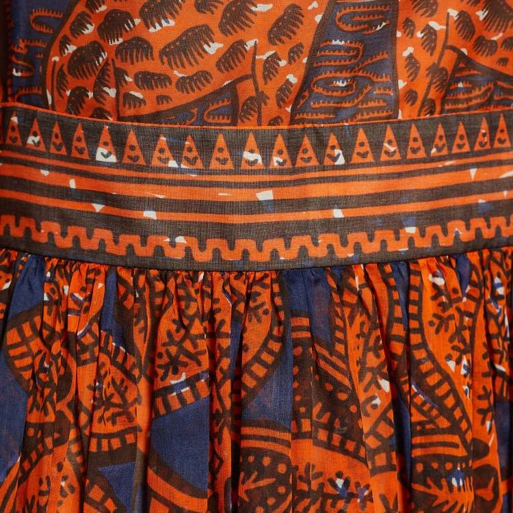 Pre Owned Valentino Orange & Navy Giraffe Print Voile Maxi Dress M