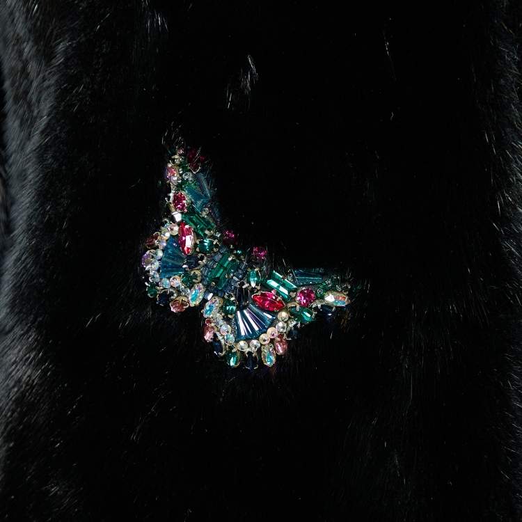 Pre Owned Valentino Black Mink Fur Butterfly Embellished Coat S