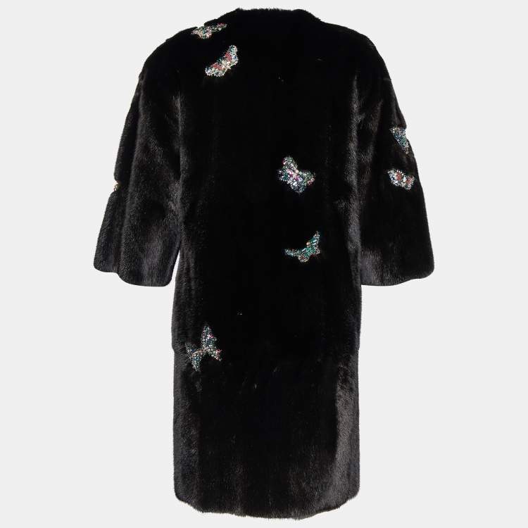 Pre Owned Valentino Black Mink Fur Butterfly Embellished Coat S