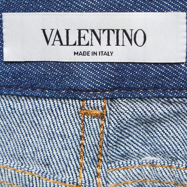 Pre Owned Valentino Blue Denim V Buckle Detail Boot Cut Jeans S Waist 25"
