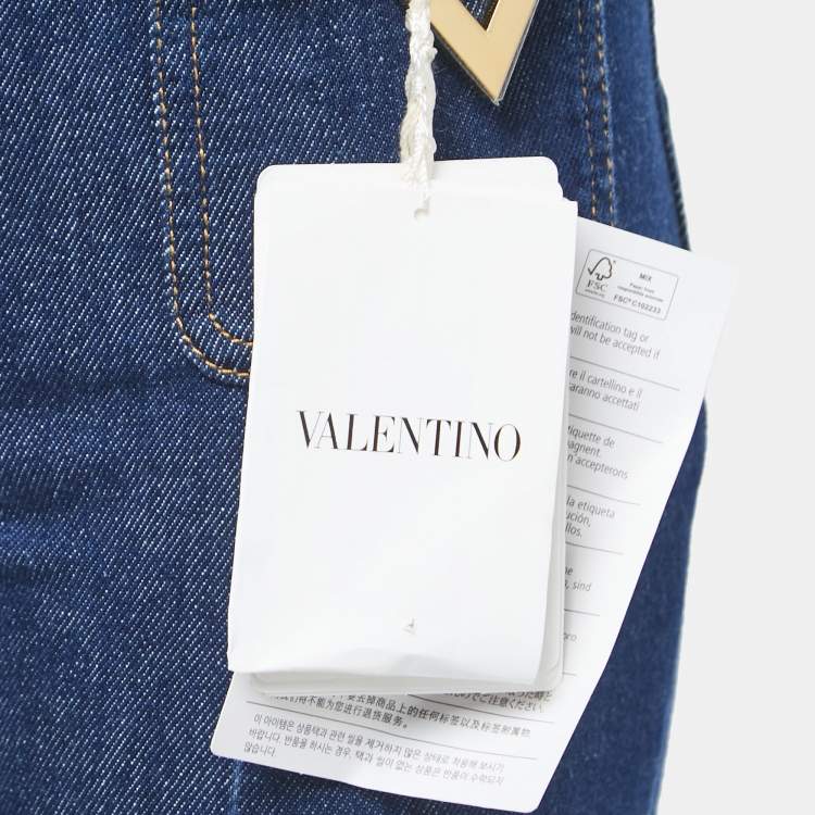 Pre Owned Valentino Blue Denim V Buckle Detail Boot Cut Jeans S Waist 25"