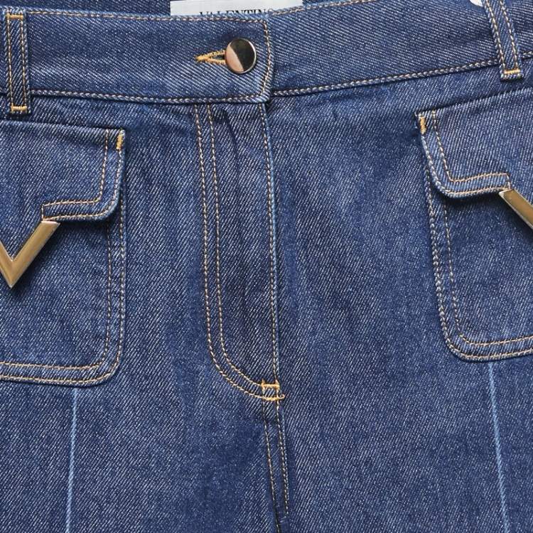 Pre Owned Valentino Blue Denim V Buckle Detail Boot Cut Jeans S Waist 25"