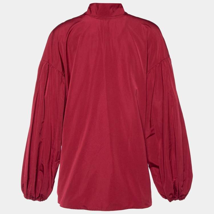 Pre Owned Valentino Burgundy Cotton Taffeta Neck Tie Detail Top L