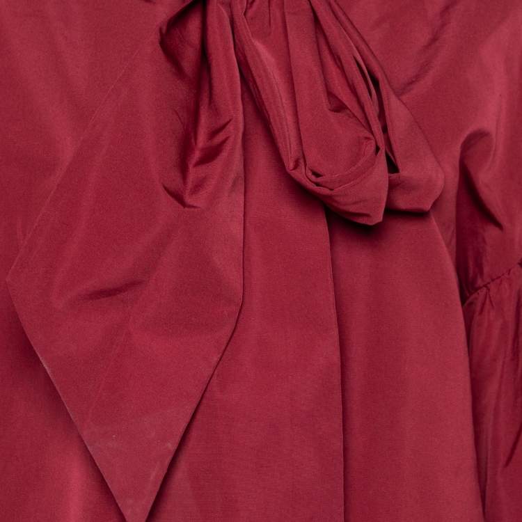 Pre Owned Valentino Burgundy Cotton Taffeta Neck Tie Detail Top L