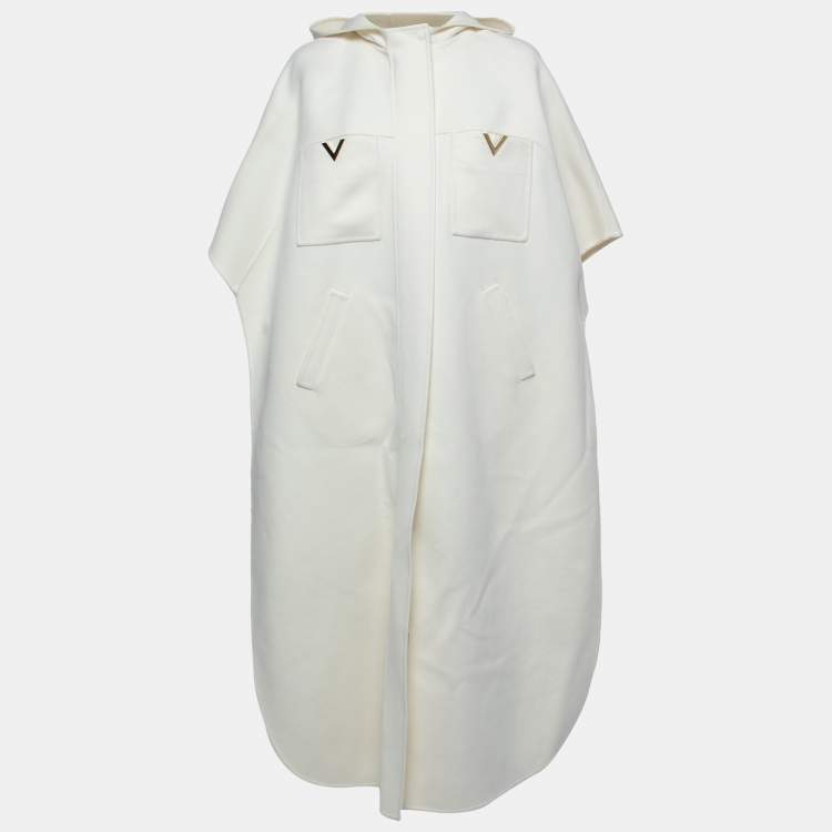 Valentino Cream Wool V Logo Detail Hooded Long Cape Coat S
