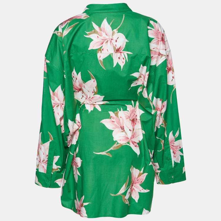 مملوكة مسبقًا Valentino Green Floral Print Cotton Belted Shirt Dress L