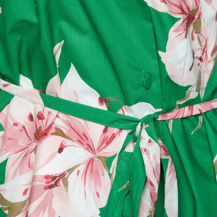 مملوكة مسبقًا Valentino Green Floral Print Cotton Belted Shirt Dress L