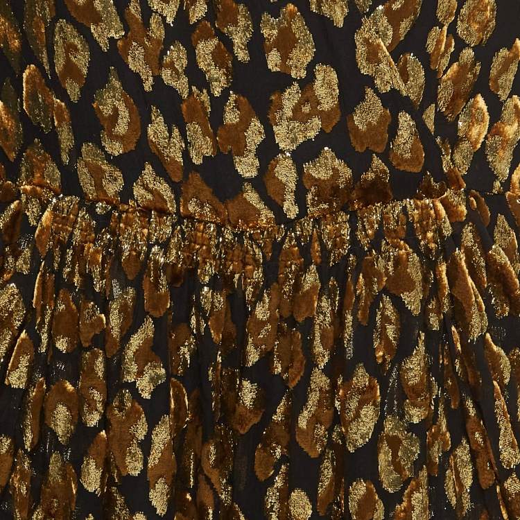Pre Owned Valentino Black and Gold Leopard Patterned Silk Blend V Neck Jumpsuit M 