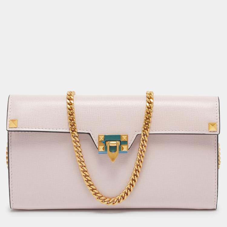 Pre Owned Valentino Light Pink Leather Rockstud Flap Wallet on Chain