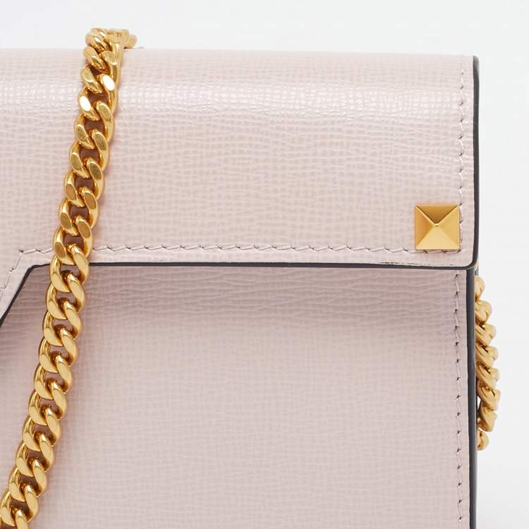 Pre Owned Valentino Light Pink Leather Rockstud Flap Wallet on Chain