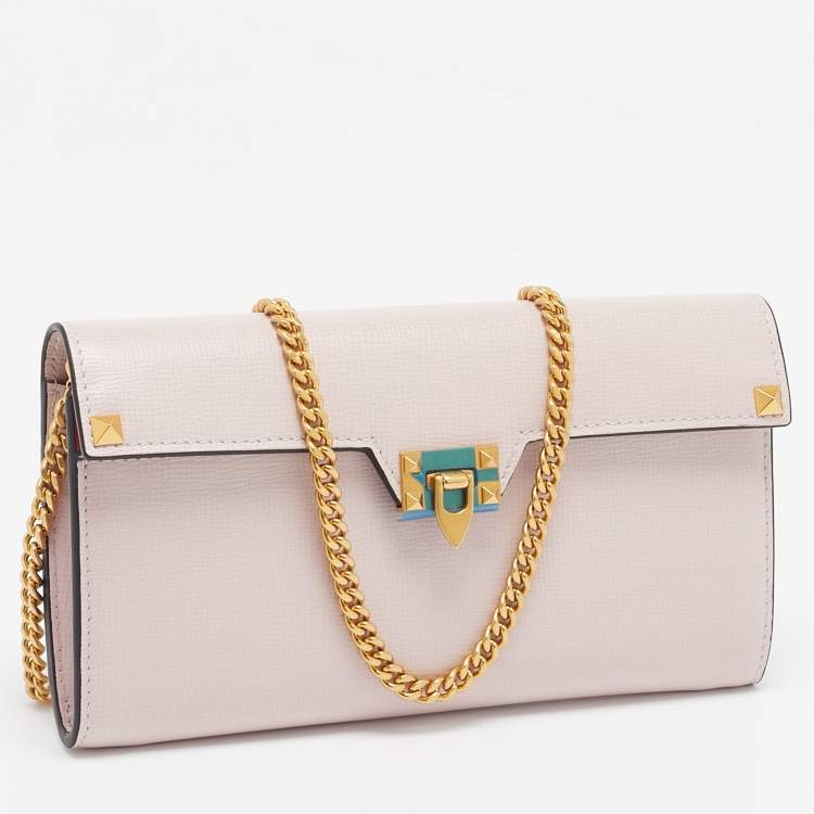 Pre Owned Valentino Light Pink Leather Rockstud Flap Wallet on Chain