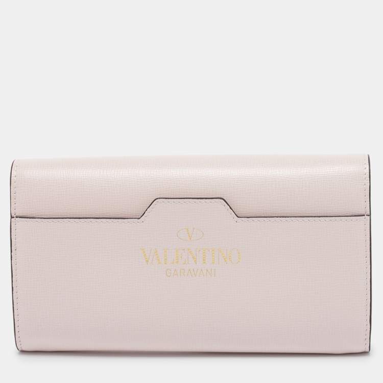 Pre Owned Valentino Light Pink Leather Rockstud Flap Wallet on Chain