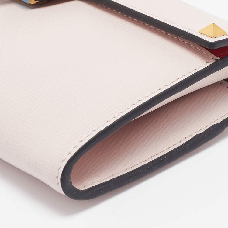 Pre Owned Valentino Light Pink Leather Rockstud Flap Wallet on Chain