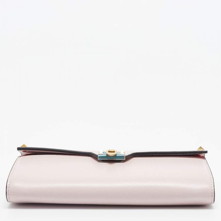 Pre Owned Valentino Light Pink Leather Rockstud Flap Wallet on Chain