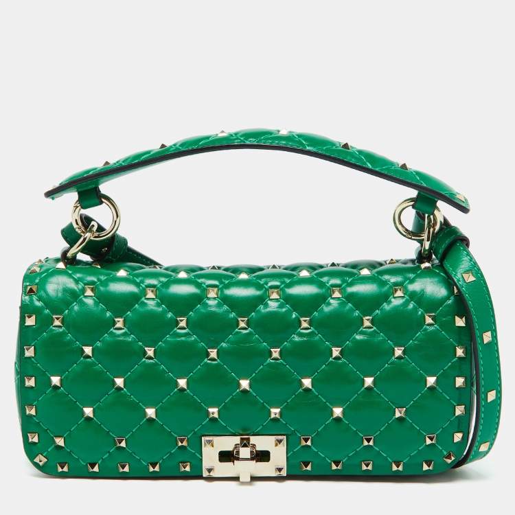Pre Owned Valentino Green Quilted Leather Rockstud Spike Top Handle Bag