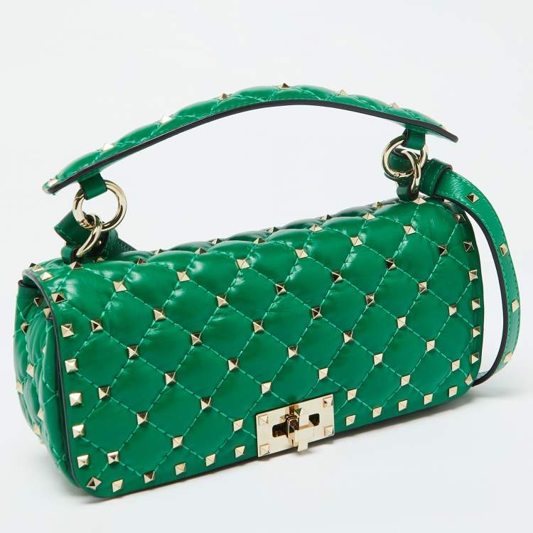 Pre Owned Valentino Green Quilted Leather Rockstud Spike Top Handle Bag