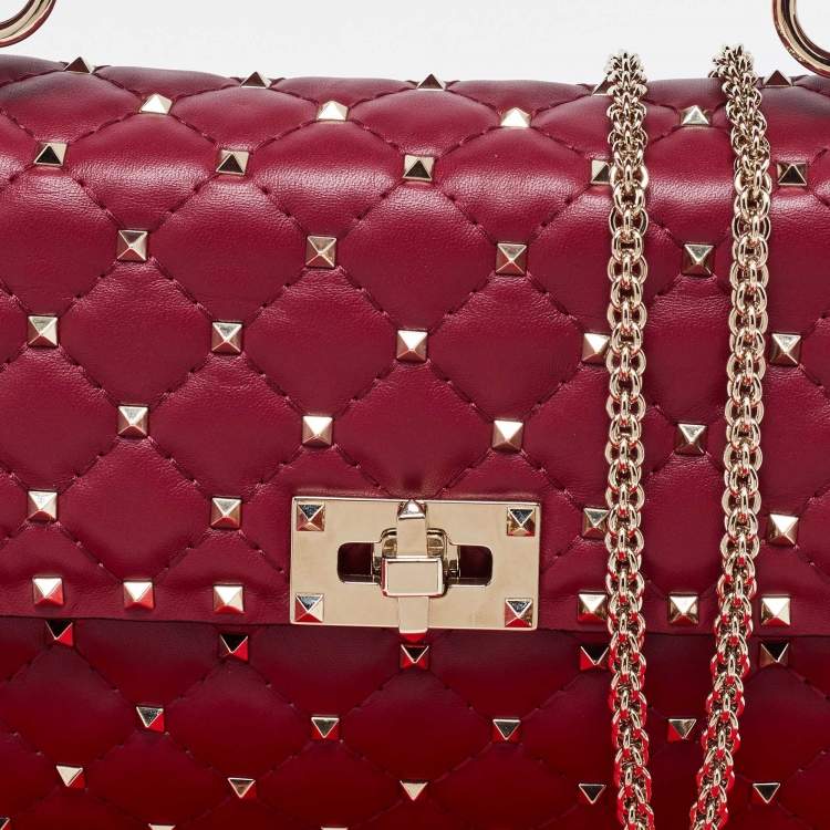Pre Owned Valentino Burgundy Quilted Leather Medium Rockstud Spike Top Handle Bag