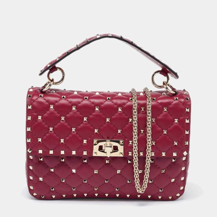 Pre Owned Valentino Burgundy Quilted Leather Medium Rockstud Spike Top Handle Bag