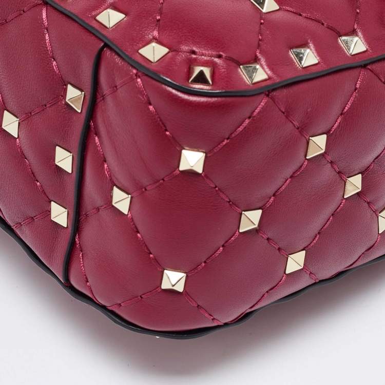 Pre Owned Valentino Burgundy Quilted Leather Medium Rockstud Spike Top Handle Bag