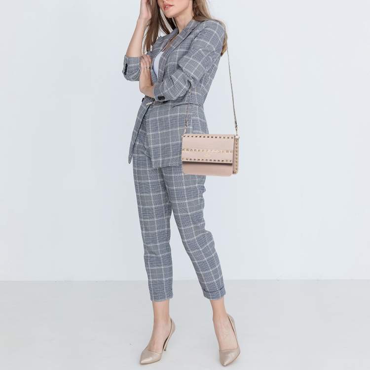 Pre Owned Valentino Beige Leather Rockstud Flap Crossbody Bag