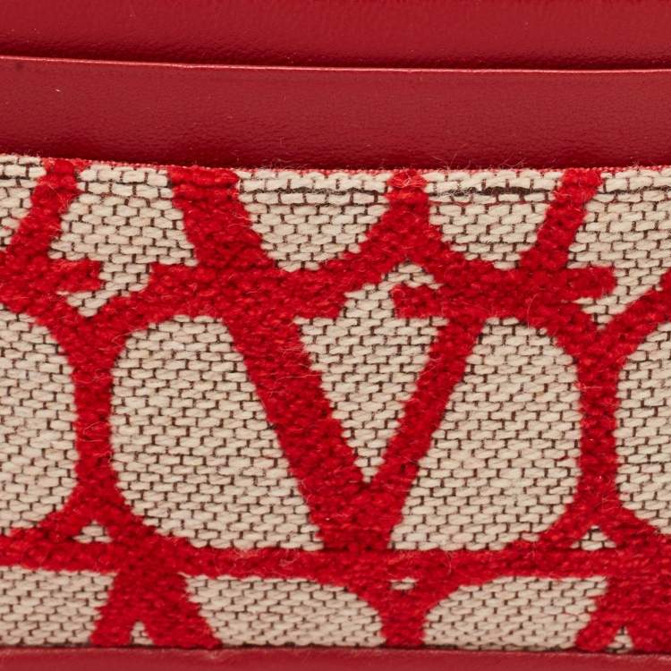 مملوكة مسبقًا Valentino Red/Beige Canvas and Leather Iconographe Card Holder