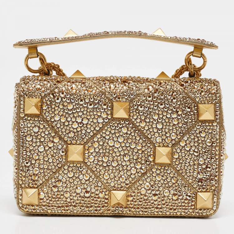 Pre Owned Valentino Gold Crystal Studded Medium Roman Stud Top Handle Bag