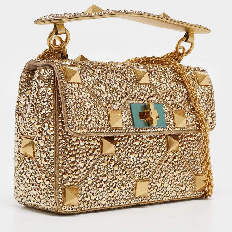 Pre Owned Valentino Gold Crystal Studded Medium Roman Stud Top Handle Bag