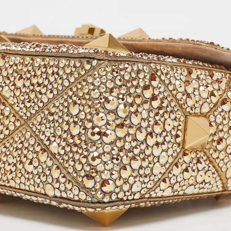 Pre Owned Valentino Gold Crystal Studded Medium Roman Stud Top Handle Bag