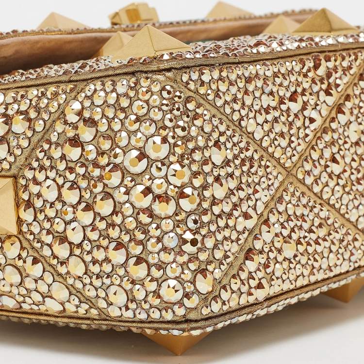 Pre Owned Valentino Gold Crystal Studded Medium Roman Stud Top Handle Bag
