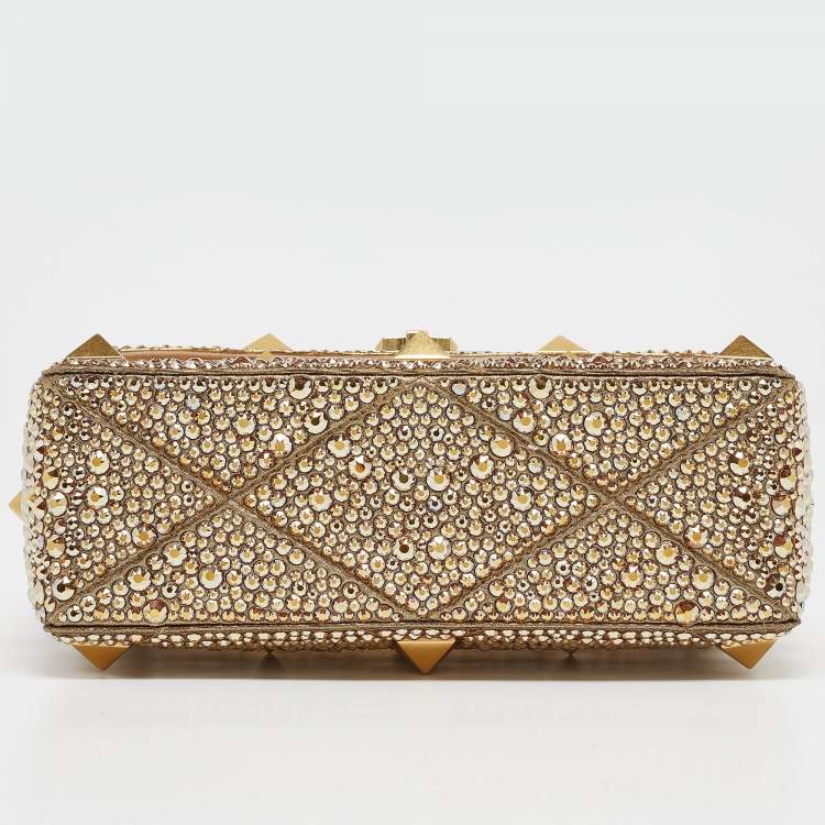 Pre Owned Valentino Gold Crystal Studded Medium Roman Stud Top Handle Bag