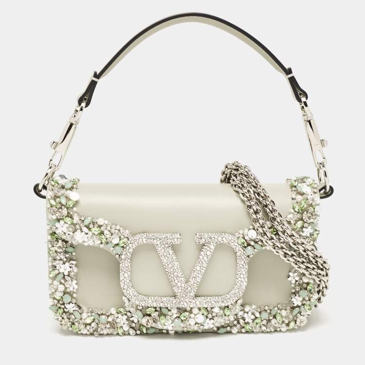 Pre Owned Valentino Grey Leather Small Jeweled Loco Shoulder Bag