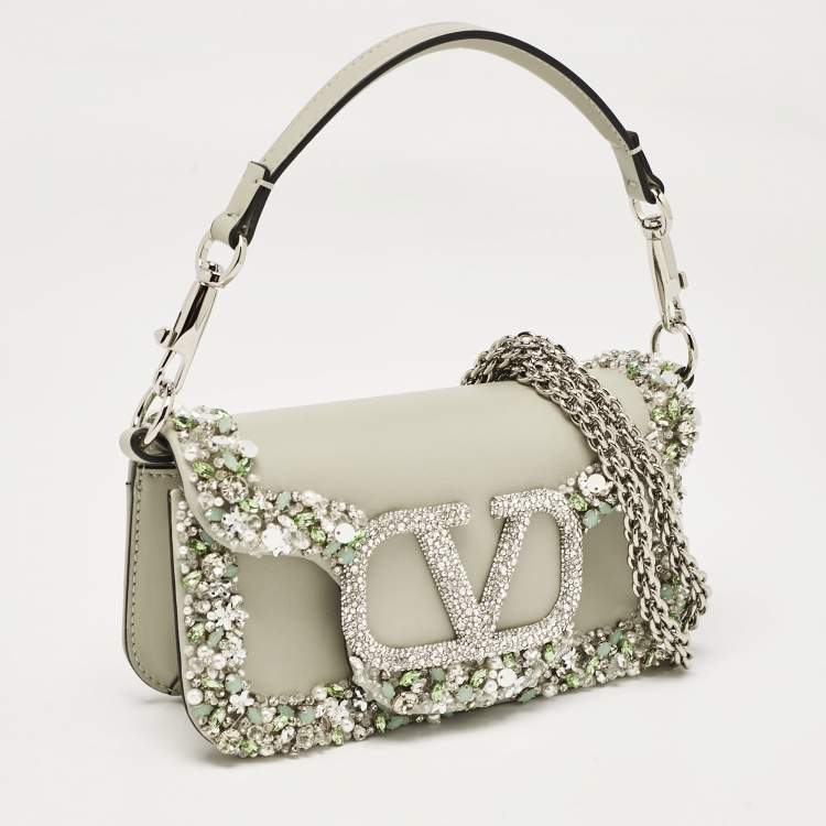 Pre Owned Valentino Grey Leather Small Jeweled Loco Shoulder Bag