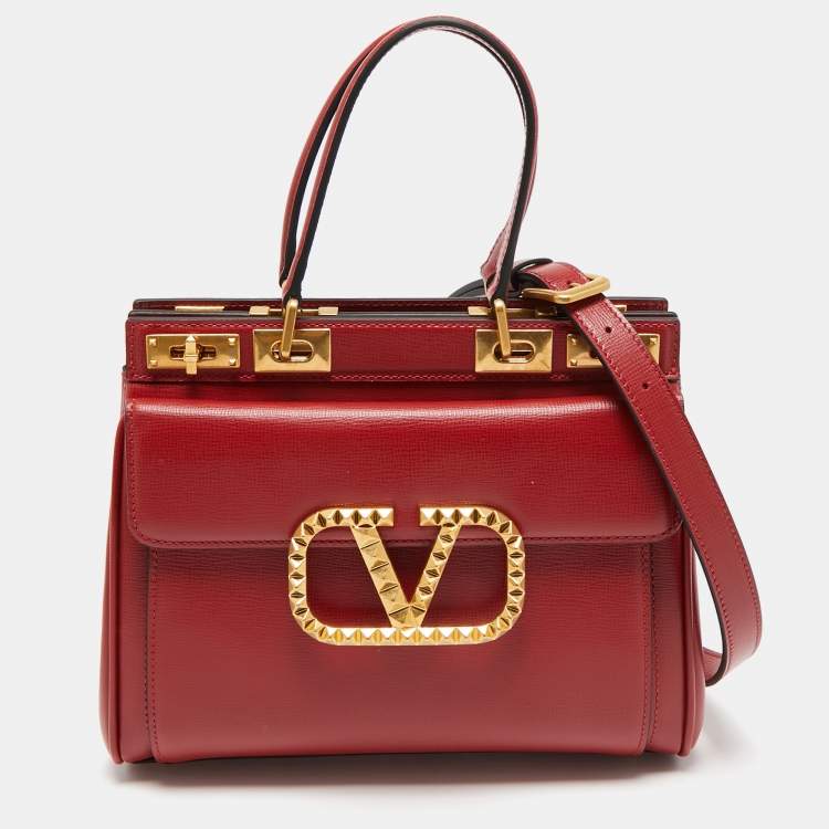 Pre Owned Valentino Red Leather Medium VLogo Stud Alcove Tote