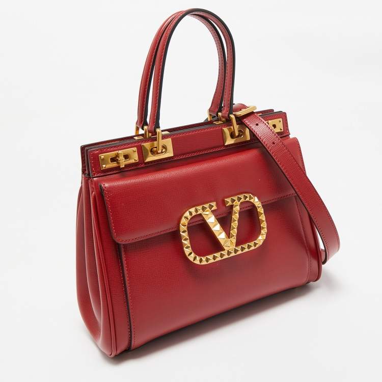 Pre Owned Valentino Red Leather Medium VLogo Stud Alcove Tote