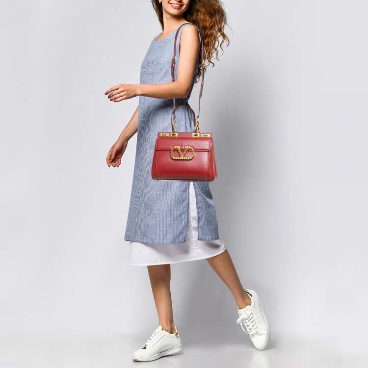 Pre Owned Valentino Red Leather Medium Rockstud Alcove Tote
