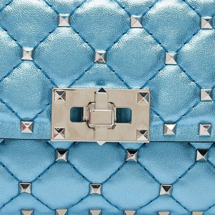 Pre Owned Valentino Metallic Blue Quilted Leather Small Rockstud Spike Top Handle Bag