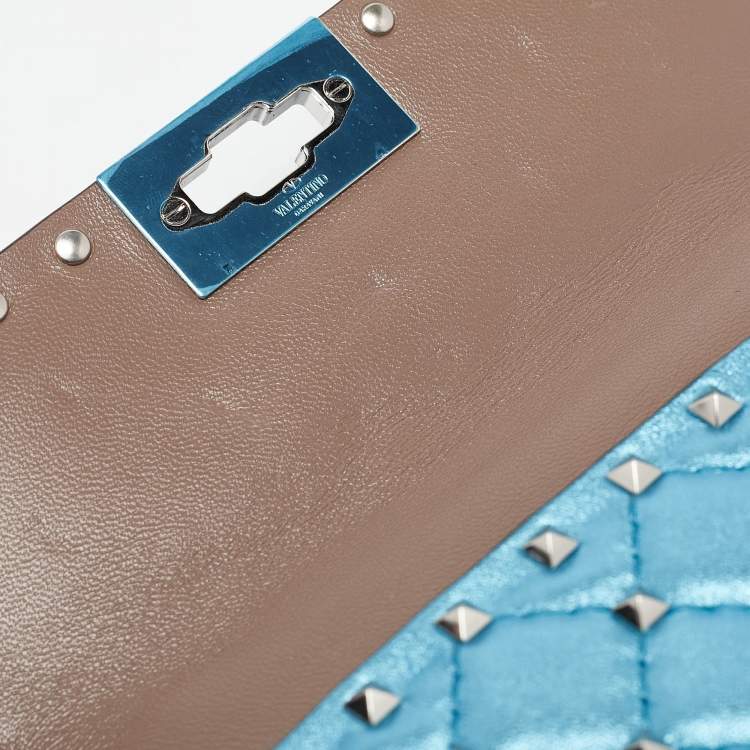 Pre Owned Valentino Metallic Blue Quilted Leather Small Rockstud Spike Top Handle Bag