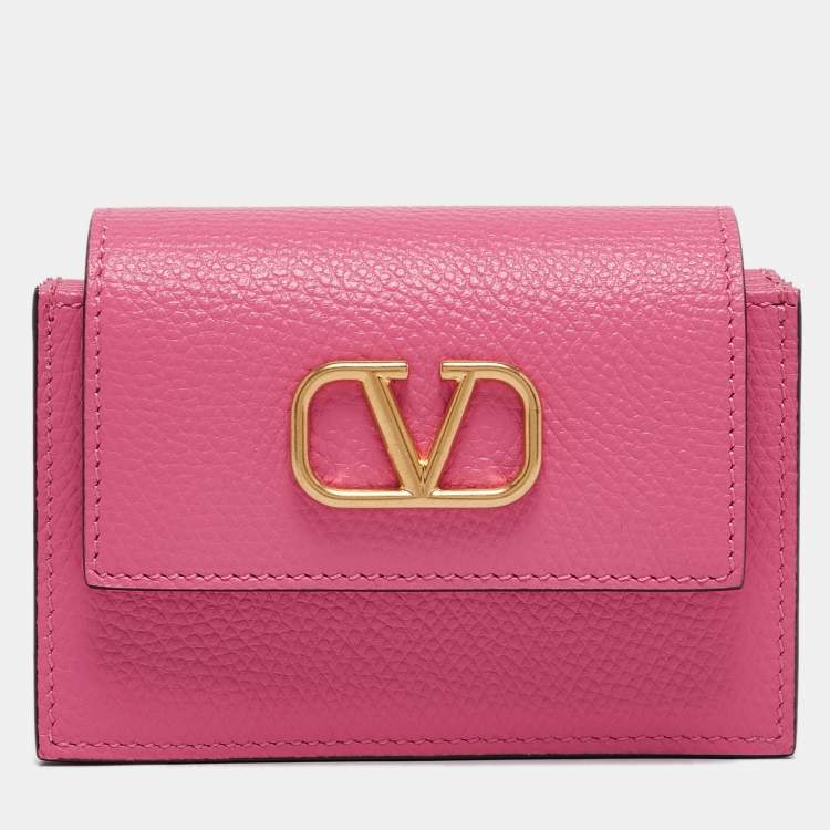 مملوكة مسبقًا Valentino Pink Leather VLogo Gusset Card Case