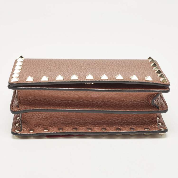 Pre Owned Valentino Brown Leather Rockstud Wallet On Chain