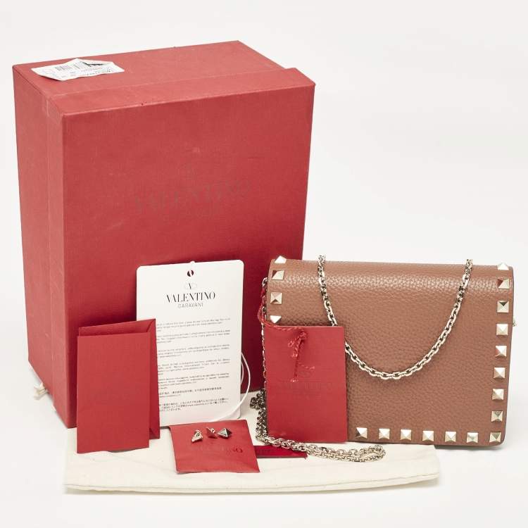 Pre Owned Valentino Brown Leather Rockstud Wallet On Chain