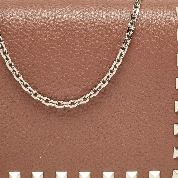 Pre Owned Valentino Brown Leather Rockstud Wallet On Chain