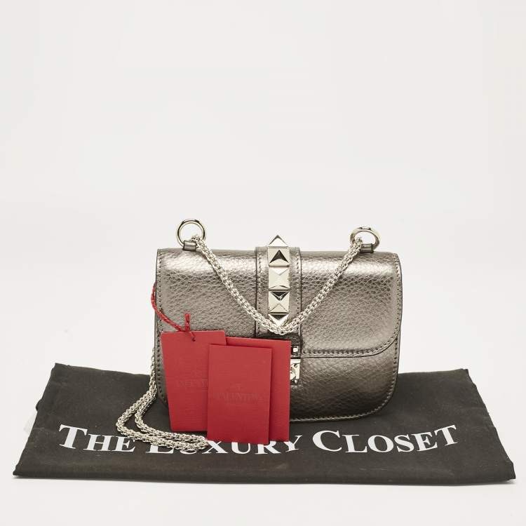 Pre Owned Valentino Metallic Leather Small Rockstud Glam Lock Flap Bag