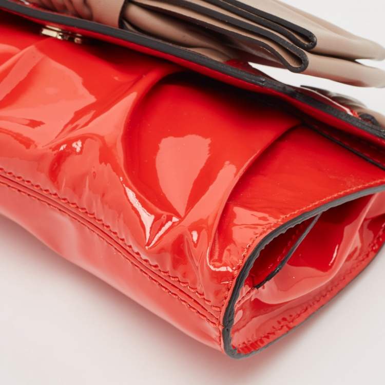 Pre Owned Valentino Orange/Beige Patent  and Leather Aphrodite Bow Clutch