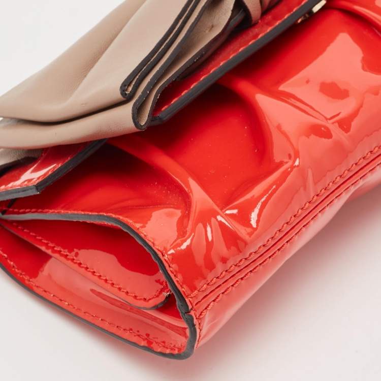 Pre Owned Valentino Orange/Beige Patent  and Leather Aphrodite Bow Clutch