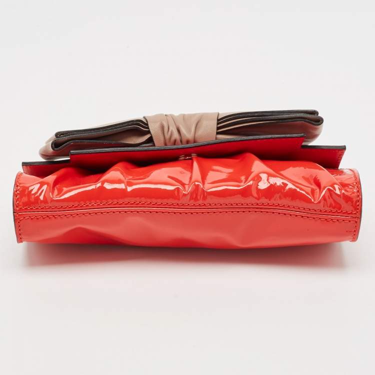 Pre Owned Valentino Orange/Beige Patent  and Leather Aphrodite Bow Clutch
