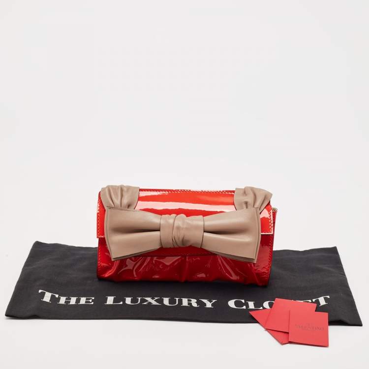 Pre Owned Valentino Orange/Beige Patent  and Leather Aphrodite Bow Clutch