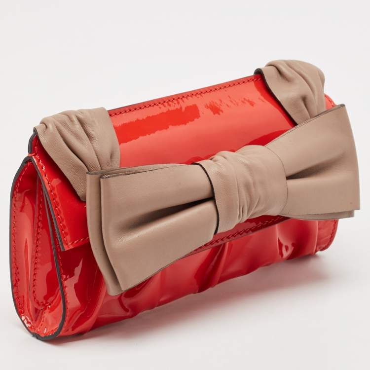 Pre Owned Valentino Orange/Beige Patent  and Leather Aphrodite Bow Clutch