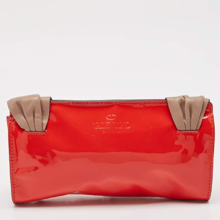 Pre Owned Valentino Orange/Beige Patent  and Leather Aphrodite Bow Clutch