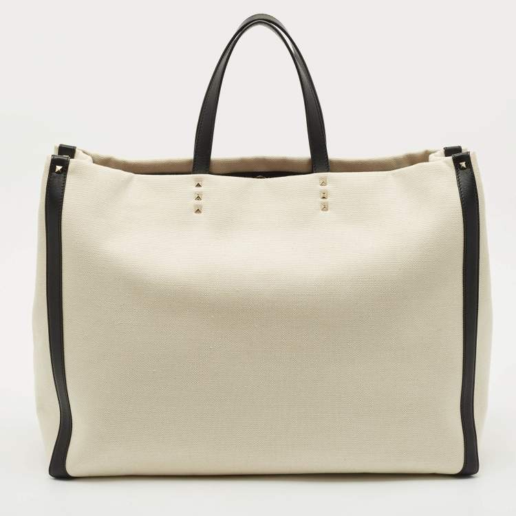 Pre Owned Valentino Off-White/Black Canvas Large VLTN Logo Tote