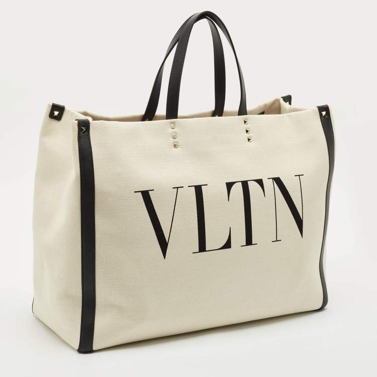 Pre Owned Valentino Off-White/Black Canvas Large VLTN Logo Tote